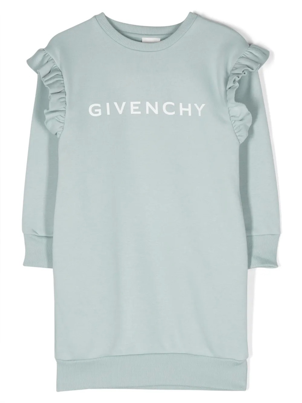 GIVENCHY KIDS Pastel Blue Off White GG Logo-Print Ruffle Sweatshirt Dress 12 +